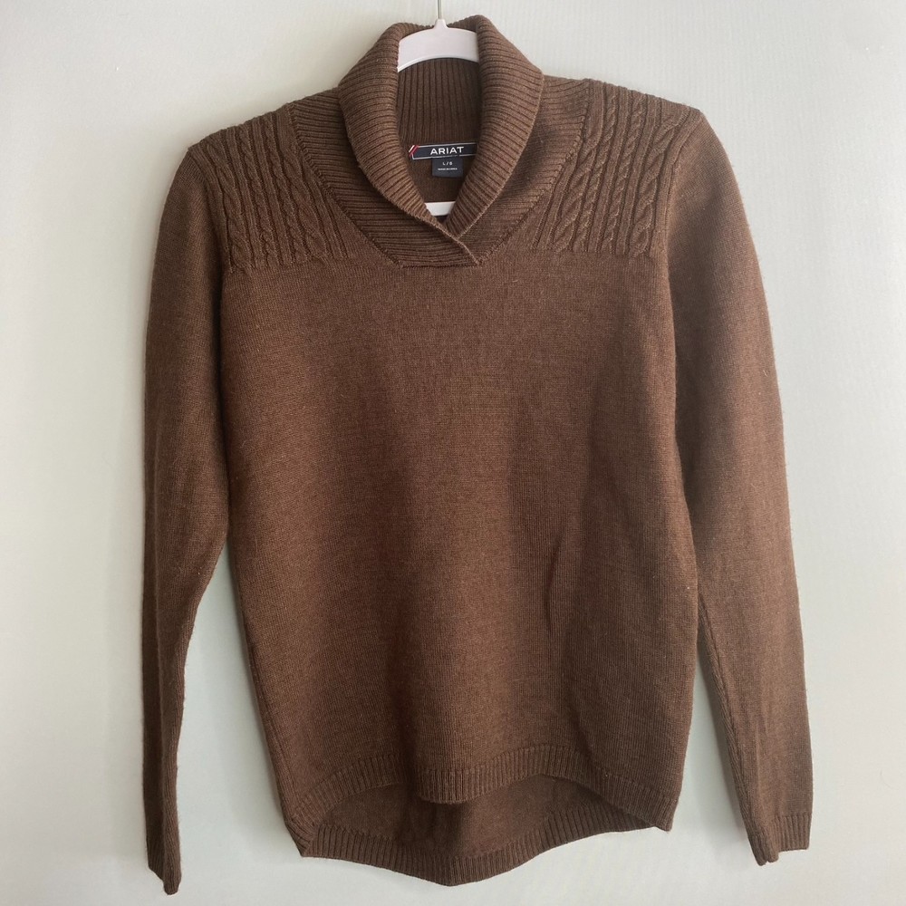 Ariat Merino Wool Blend Turtleneck Sweater Cable Knit Shoulder Detail. Size L